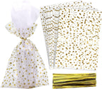 100 Pcs Star Printed 4"X 9" Gift Wrap Cello Cellophane Treat Bags Party Favor bags Clear Candy Cookie Bags Plastic Poly Goodie Storage Bags with Twist Ties for Bakery,Birthday, Wedding ,Party Decorations (Gold)