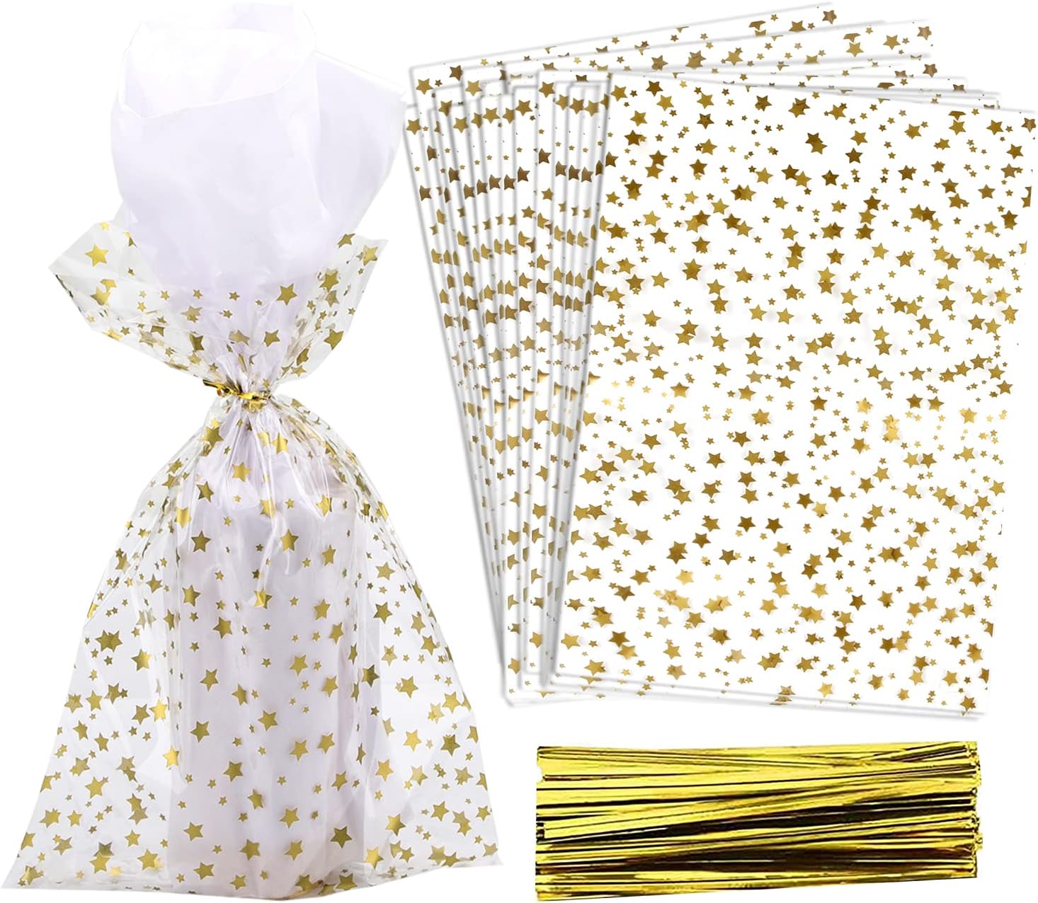 100 Pcs Star Printed 4"X 9" Gift Wrap Cello Cellophane Treat Bags Party Favor bags Clear Candy Cookie Bags Plastic Poly Goodie Storage Bags with Twist Ties for Bakery,Birthday, Wedding ,Party Decorations (Gold)