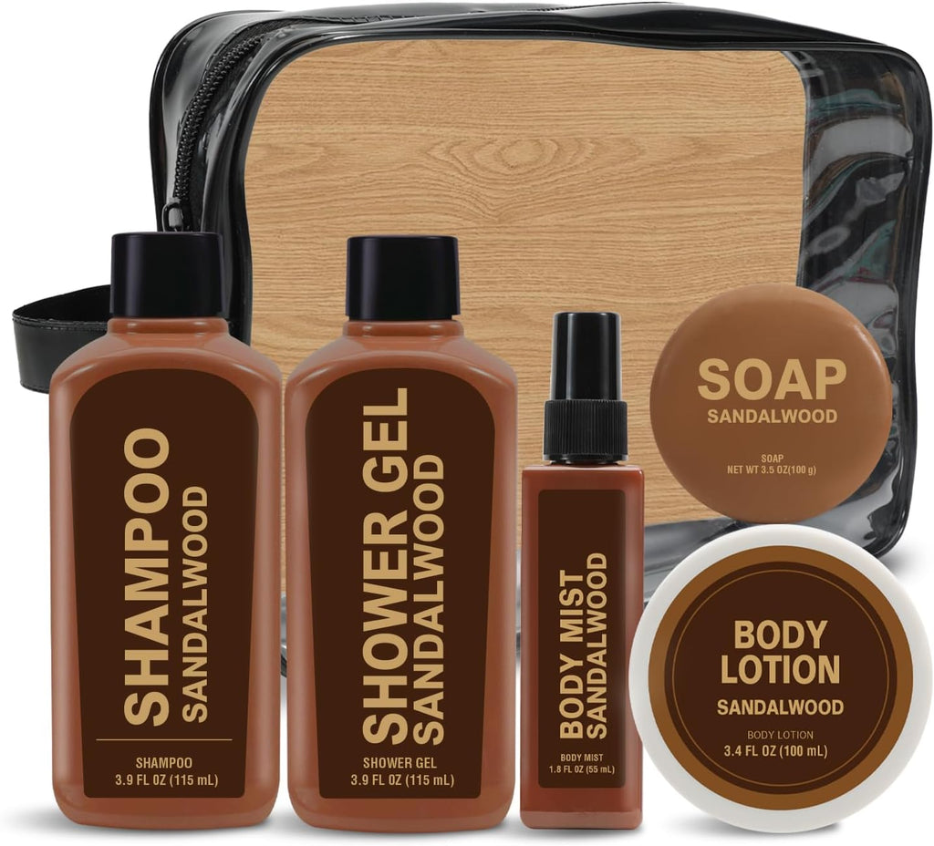 Gifts for Men 6pcs Sandalwood Gift Set Travel Size Toiletry with Shampoo, Shower Gel, Soap, Body Lotion, Mens Gifts Birthday Anniversary Gift Sets for Men, Christmas Self Care Fathers Day Gift