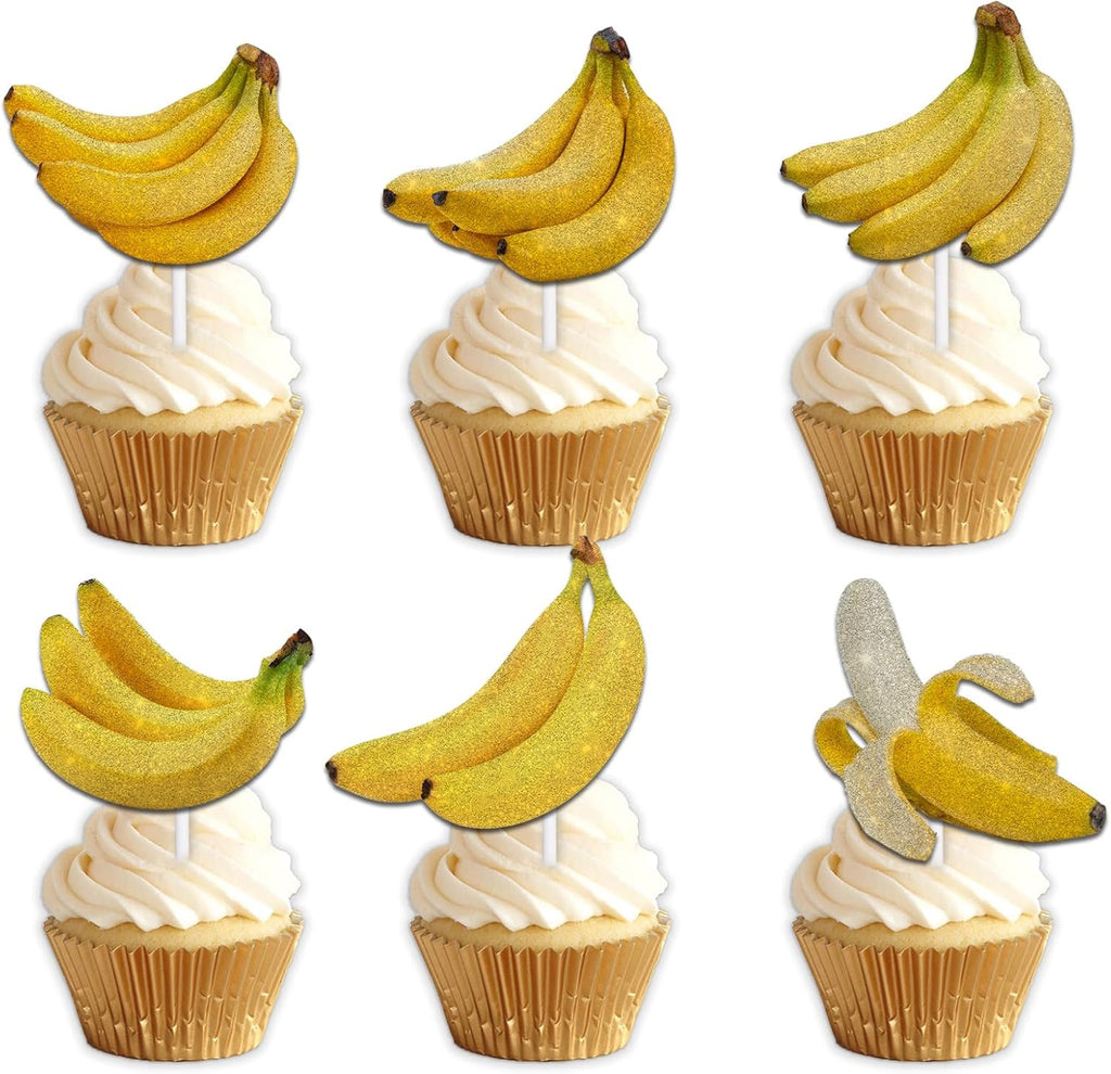 18pcs Yellow Glitter Dessert Cupcake Topper Pick for Fruit Banana Theme Decor Supplies Baby Shower Men Women Boys Girls Happy Birthday Party Decorations