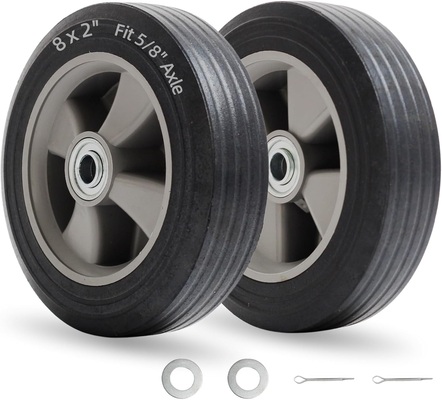 GICOOL 8" x 2" Flat-Free Solid Rubber Tire and Wheel with Ball Bearings and 5/8" Axle Bore Hole, 2" Offset Hub, For Hand Truck Dolly Trolley Garden Wagon Cart Generator Replacement Tire, 2 Pack