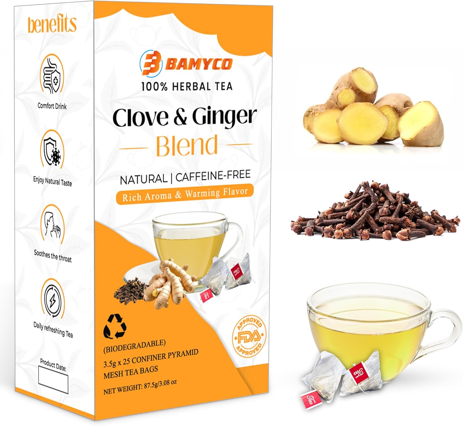 Herbal Tea for Cloves Whole & Ginger Tea Bags 25 Pyramid Bags (3.5g Each) Ginger Root & Clove Tea Bags for English Breakfast Tea - Caffeine Free - Chai Tea Bags