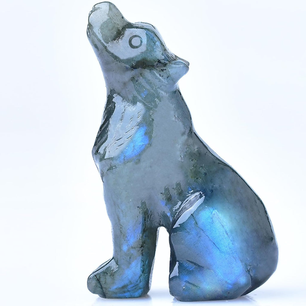 2.1 Inch Labradorite Wolf Crystal Statue，Birthday Present Healing Crystal Decor，Wolf Totem Figurines Stone Energy Gemstones, in Bedroom Office Christmas Meditation Gifts for Men Women