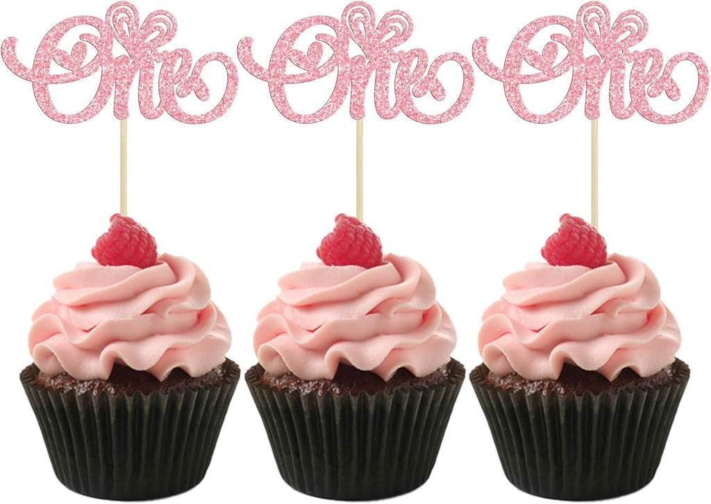 Ephlyn 24Pcs Happy Valentine's Day One Cupcake Toppers Glitter Heart Valentines Day 1st Birthday Cupcake Picks for Baby Shower Birthday Party Cake Decorations Supplies Pink