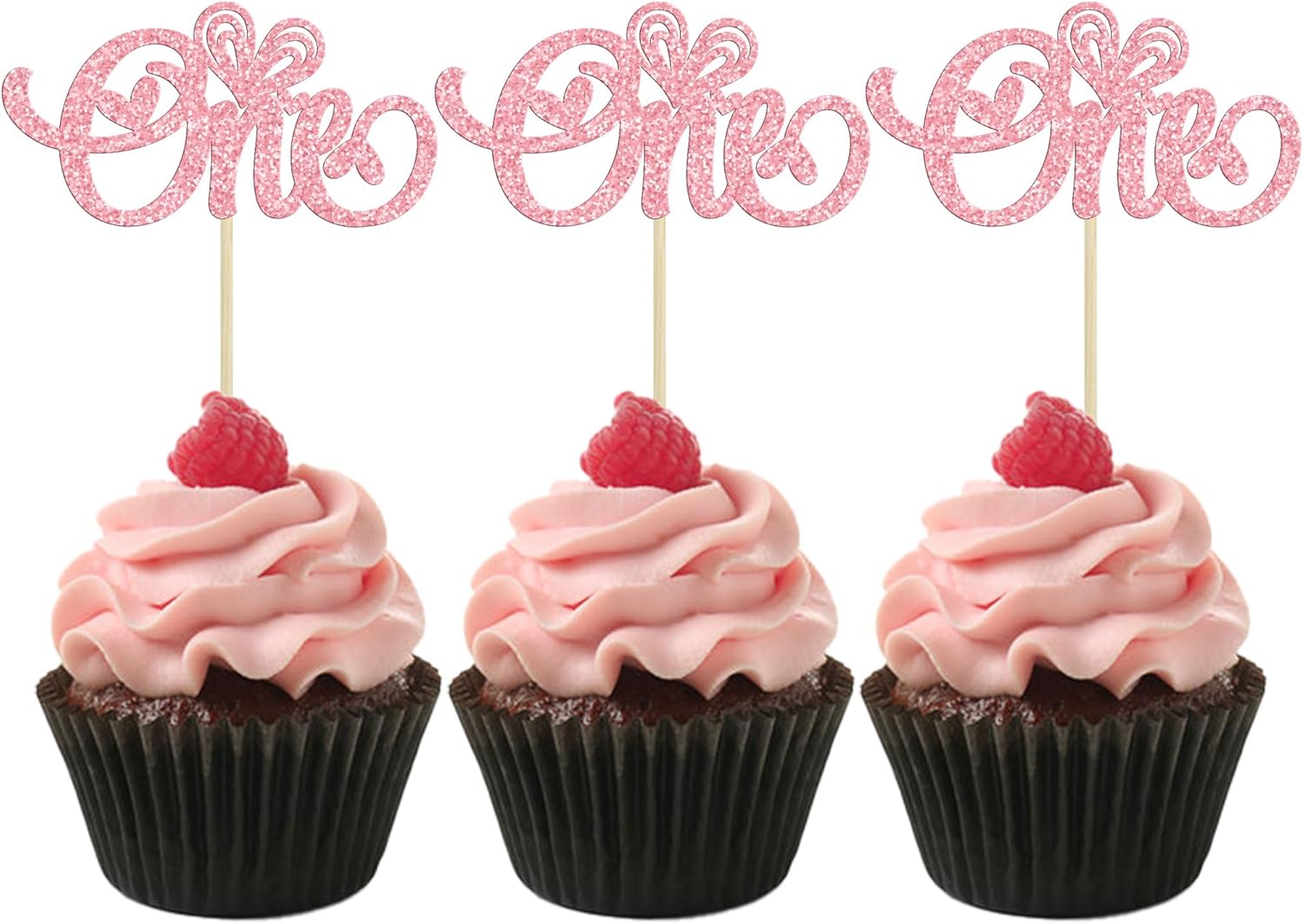 Ephlyn 24Pcs Happy Valentine's Day One Cupcake Toppers Glitter Heart Valentines Day 1st Birthday Cupcake Picks for Baby Shower Birthday Party Cake Decorations Supplies Pink