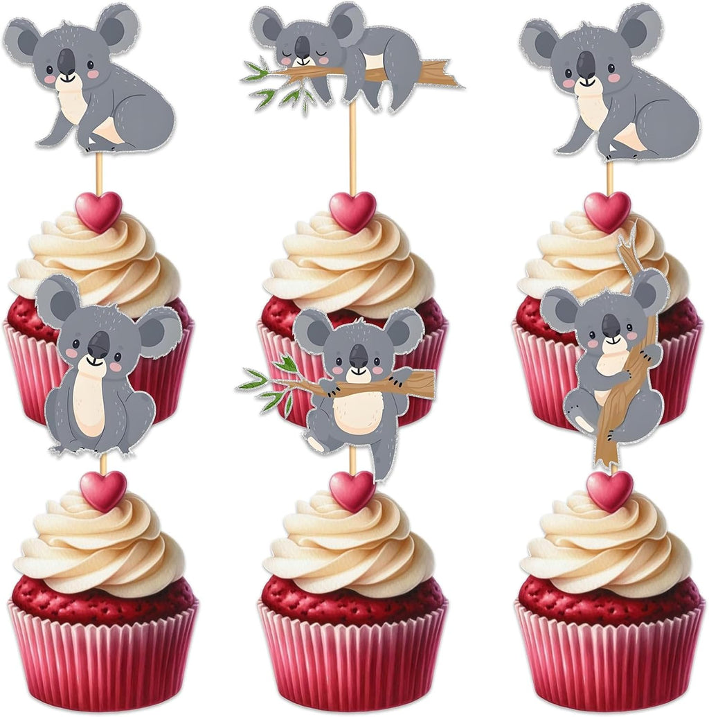 Glitter 18pcs Koala Cupcake Topper for Animal Theme Party Favors Decorations Men Women Happy Birthday Party Decor Supplies