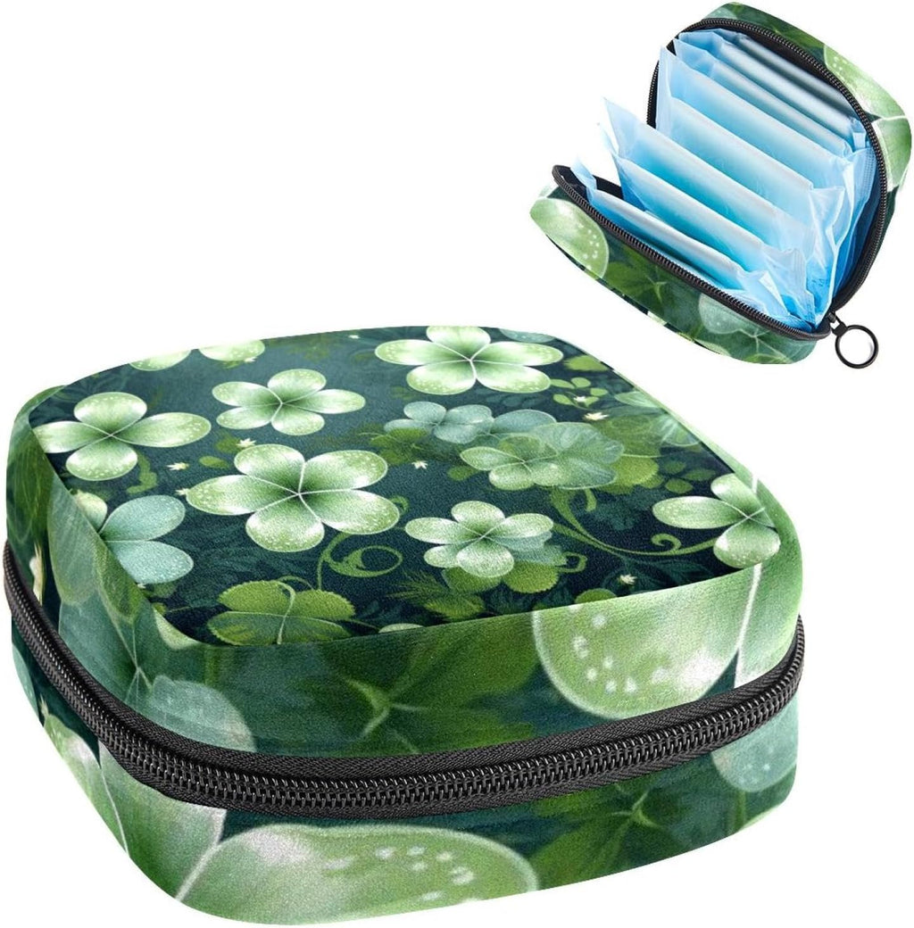 Sanitary Napkin Storage Bag for Feminine Pads, First Period Kit for Women, Happy St Patrick's Day Four Leaf Clover Portable Menstrual Period Sanitary Pouch