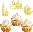 24 PCS Eid Mubarak Cupcake Toppers Gold Glitter Moon Star Ramadan Kareem Cupcake Picks for Eid Islamic Muslim Theme Party Cake Decorations Supplies