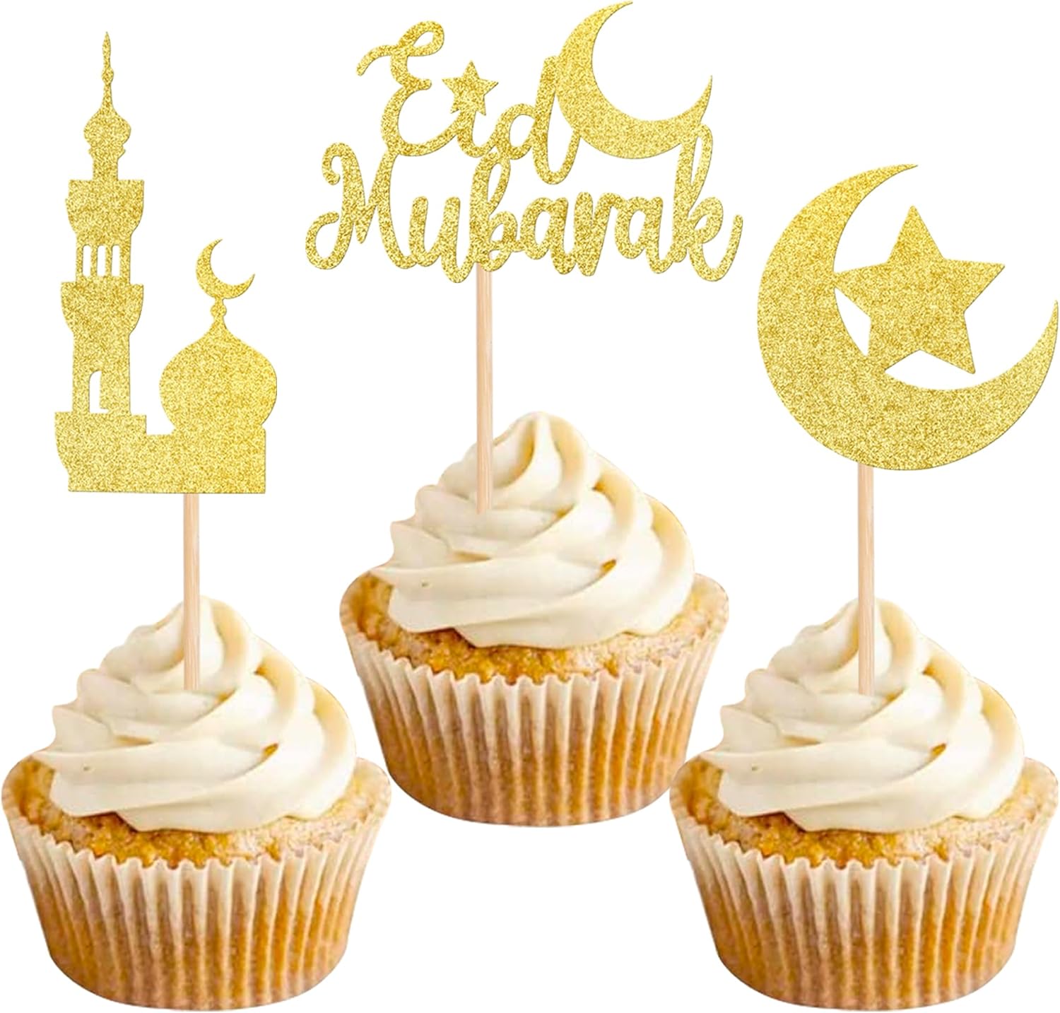 24 PCS Eid Mubarak Cupcake Toppers Gold Glitter Moon Star Ramadan Kareem Cupcake Picks for Eid Islamic Muslim Theme Party Cake Decorations Supplies