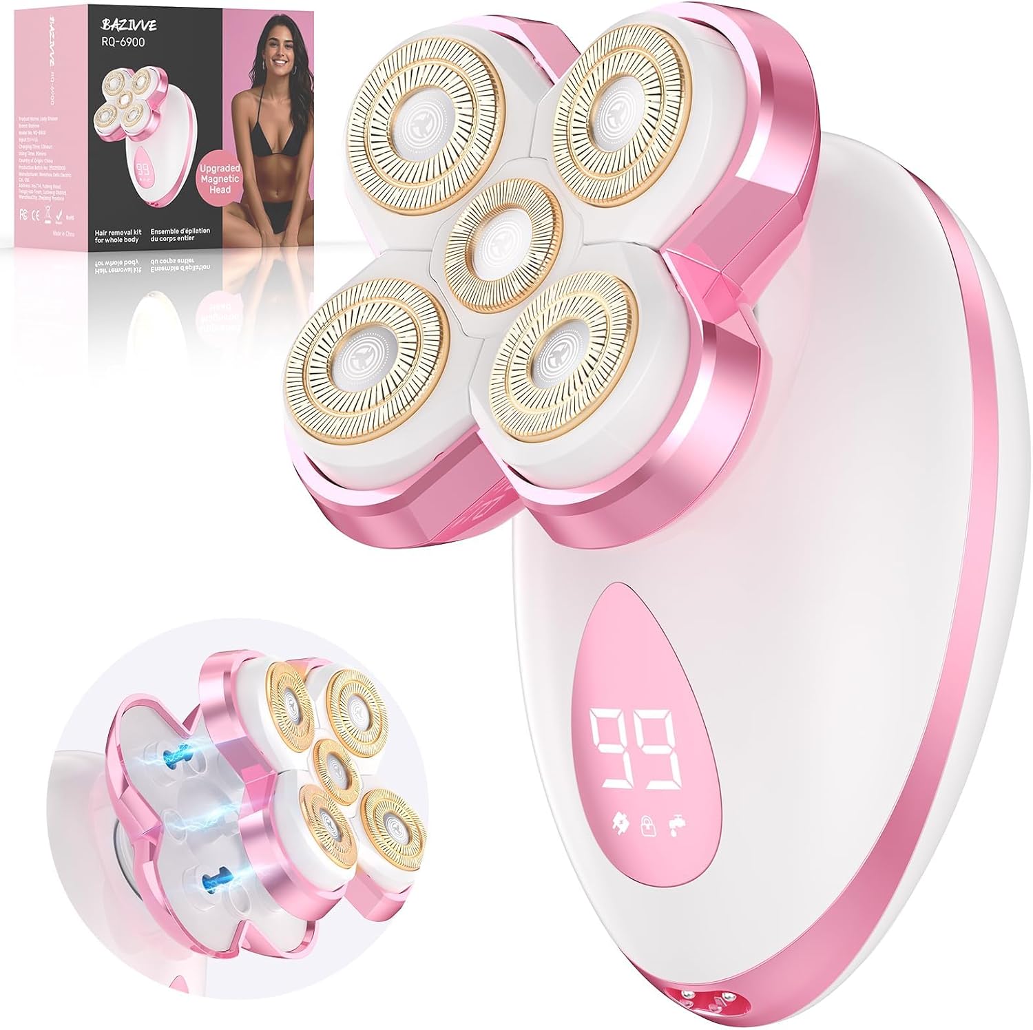 Electric Razors for Women - Upgraded Magnetic Electric Shaver for Women, Cordless Painless Hair Remover for Legs Bikini Face, Lady Trimmer for Sensitive Skin, Detachable and Waterproof, Pink