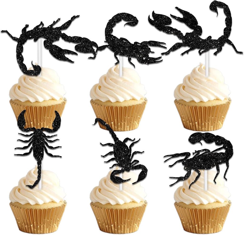 18pcs Black Silhouette Glitter Scorpion Dessert Cupcake Topper Pick for Animal Insect Theme Decor Supplies Baby Shower Boys Girls Happy Birthday Party Decoration