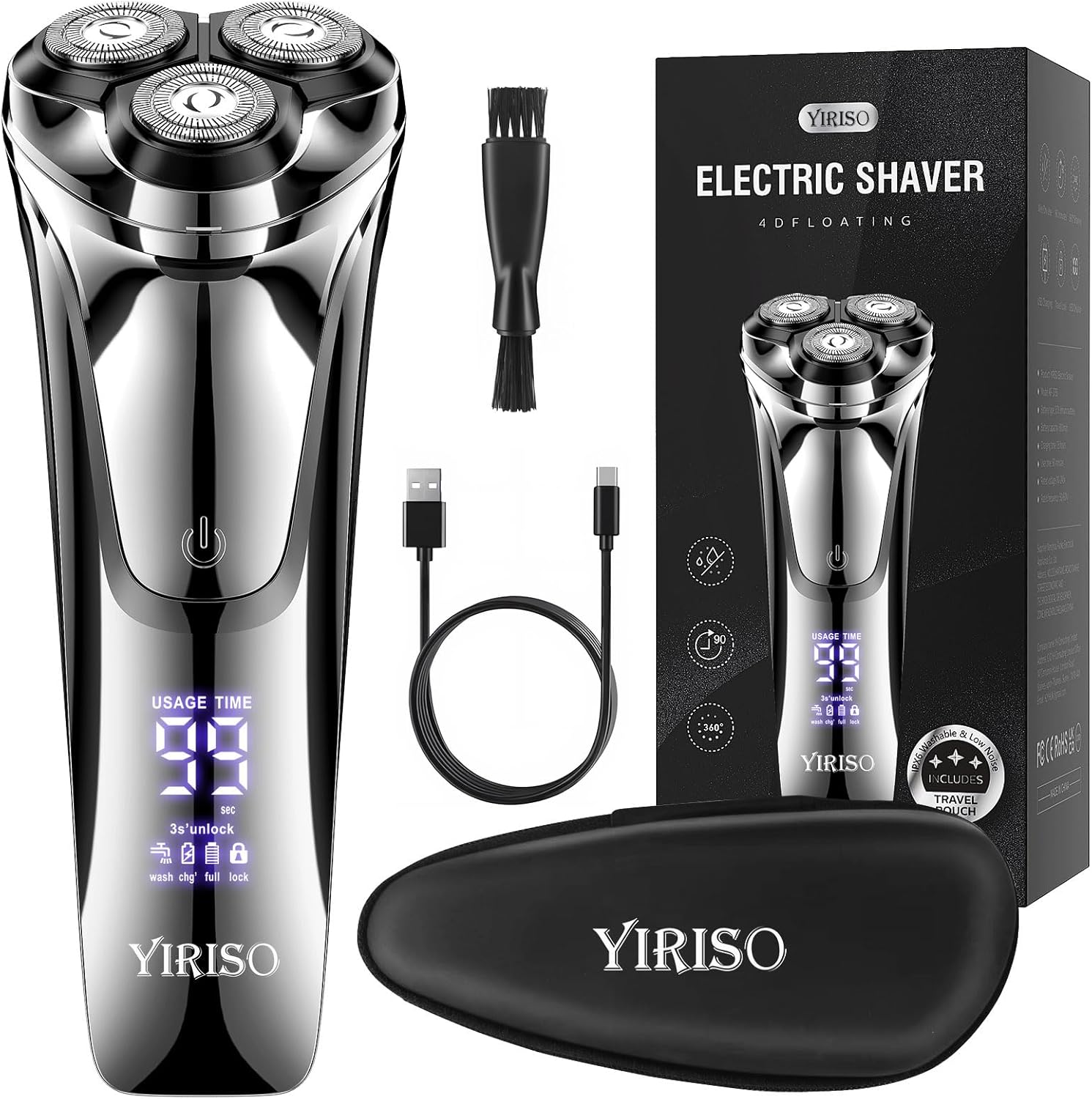 Electric Razor for Men, 90Min Long-Lasting Shaver with 4D Floating Head & LCD Display, Ultra Smooth for Sensitive Skin, IPX6 Waterproof, USB-C Fast Charge, with Travel Case - Ideal Gift