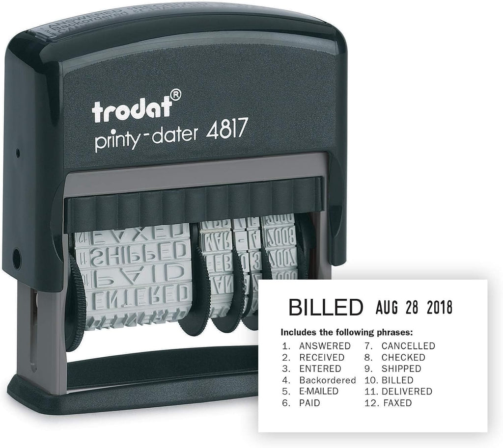 Trodat Printy 4817 Economy Dial-A-Phrase, 12 Popular Office Messages, Month in Letters, Day and Year in Numbers, Rubber Date Stamp – Self Inking (Black)