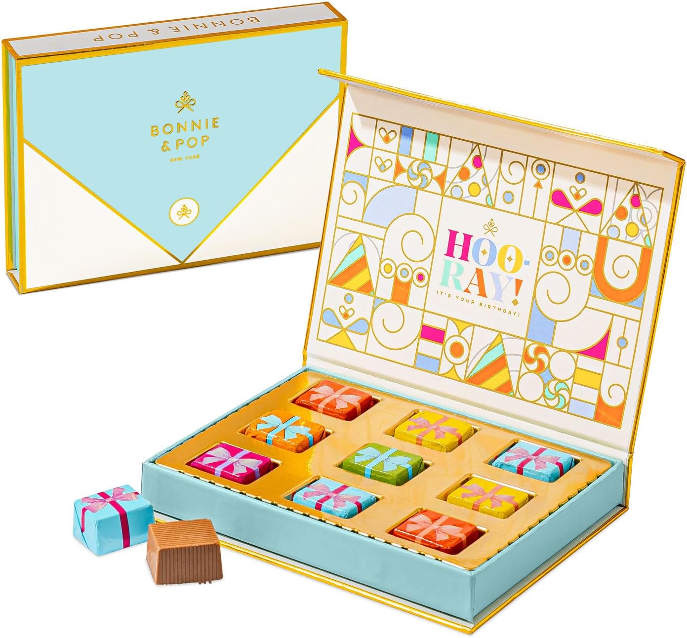 Birthday Gift, Chocolate Card Gift Box, 9 Individually Wrapped Chocolates, Food Sweets Candy Gift, Birthday Present for Men, Women, Children, Bonnie and Pop
