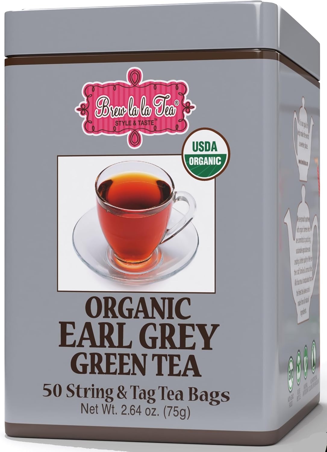 Brew La La Organic Earl Grey Green Tea - 50 Tea Bag Tin - Low Caffeine - USDA Certified Organic