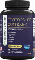 Greensential 5-in-1 Magnesium Complex 500mg | Glycinate, Malate, Citrate, Oxide & Aquamin® | High Absorption Chelated | 2X 3rd-Party Tested, Vegan, 120 Capsules
