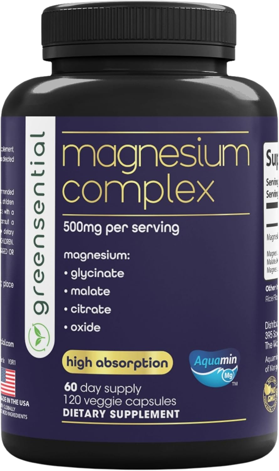 Greensential 5-in-1 Magnesium Complex 500mg | Glycinate, Malate, Citrate, Oxide & Aquamin® | High Absorption Chelated | 2X 3rd-Party Tested, Vegan, 120 Capsules