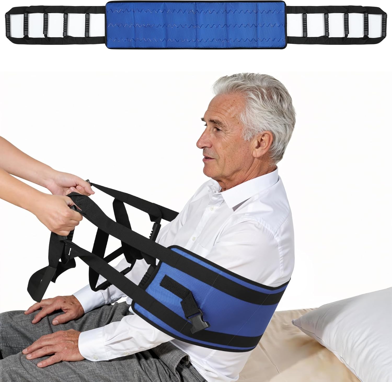 Rhino Valley Transfer Sling, Gait Belt with 10 Padded Handles, 9.7" Extra Wide Transfer Belt for Seniors, 330lbs Heavy Duty Lift Assist for Bed, Wheelchai,Non-Slip Nursing Belts Elderly, Injured, Blue