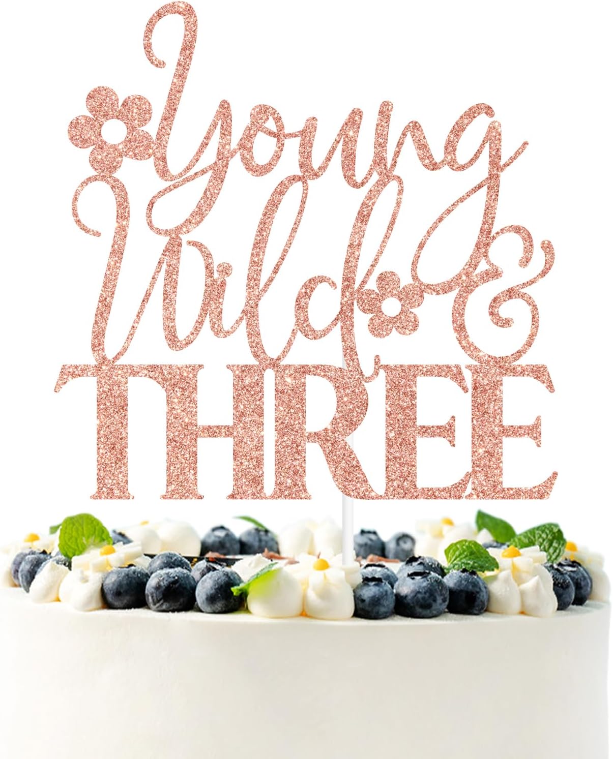 Rose Gold Glitter Young Wild & Three Cake Topper, Forest Woodland Campfire Themed 3rd Birthday Décor, Spring Flower Themed Baby's 3rd Birthday Party Decorations Supplies
