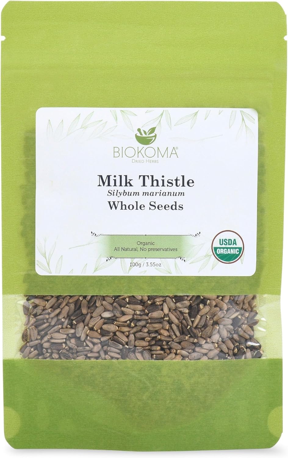 Biokoma Organic Milk Thistle Seeds 3.55 oz, Silybum Marianum for Milk Thistle Tea, USDA Organic Herbal Tea, Loose Whole Seeds in Resealable Moisture Proof Pouch, Non GMO, No Additives, Kosher