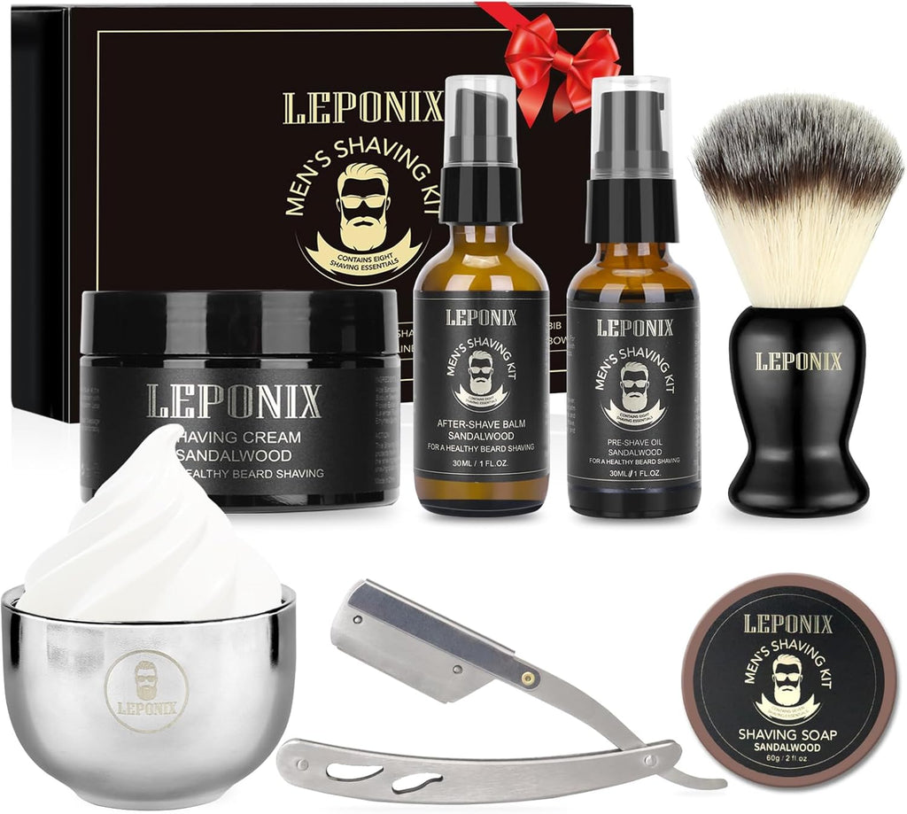 Mens Shaving Kit, Include Straight Razor, Sandalwood Shaving Soap & Cream, After Shave Balm, Pre-Shave Oil, Brush & Bowl – Christmas Gifts for Men Him Secret Santa Gift Set Stocking Stuffers