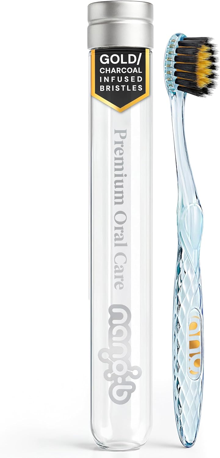 Nano-b Manual Toothbrush for Adults with Sensitive Gums, Gold & Charcoal Soft/Medium Bristles, Travel Case, Blue
