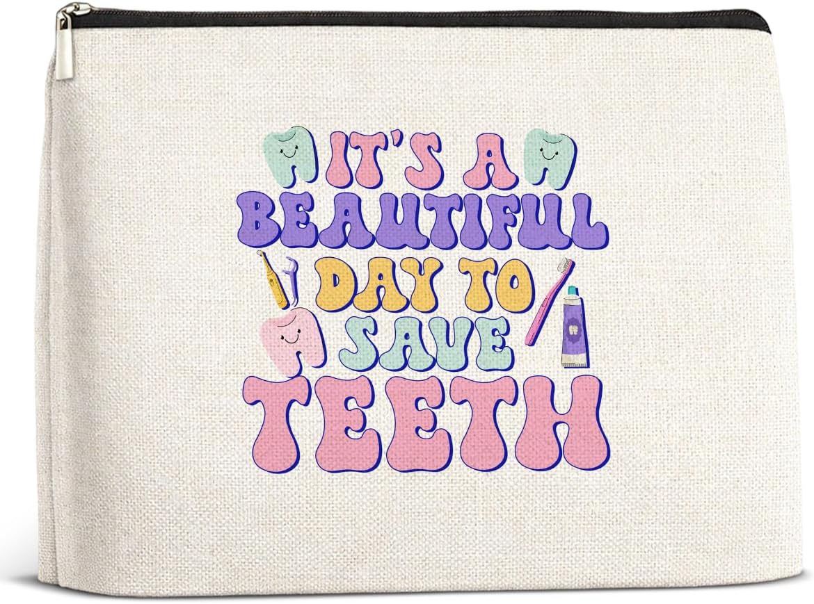 Dental Gifts Makeup Bag, Dental Hygienist Assistant Gifts for Women, It's a Beautiful Day to Save Teeth Cosmetic Pouch for Dentist