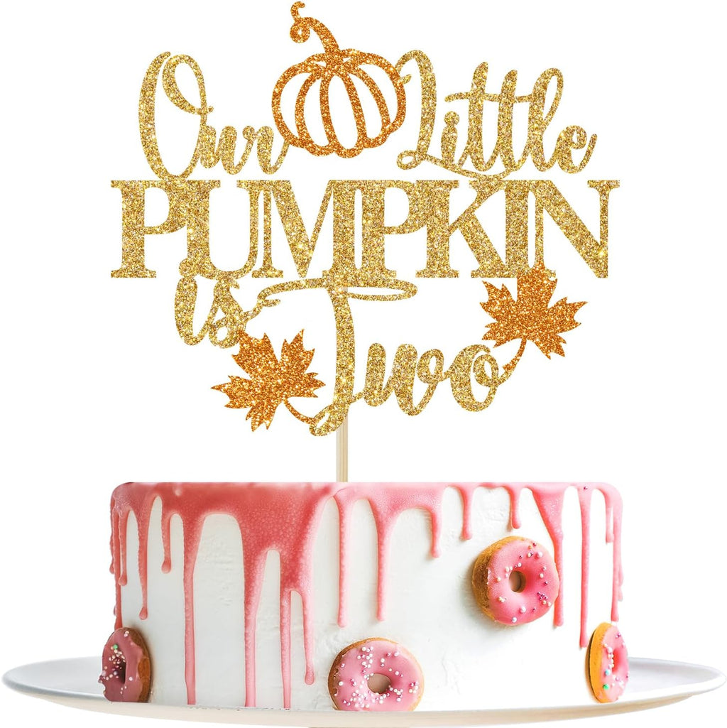 Our Little Pumpkin is Two Cake Topper, Pumpkin 2nd Birthday Cake Decorations, Fall Halloween Themed Second Birthday Party Decorations, Gold Glitter