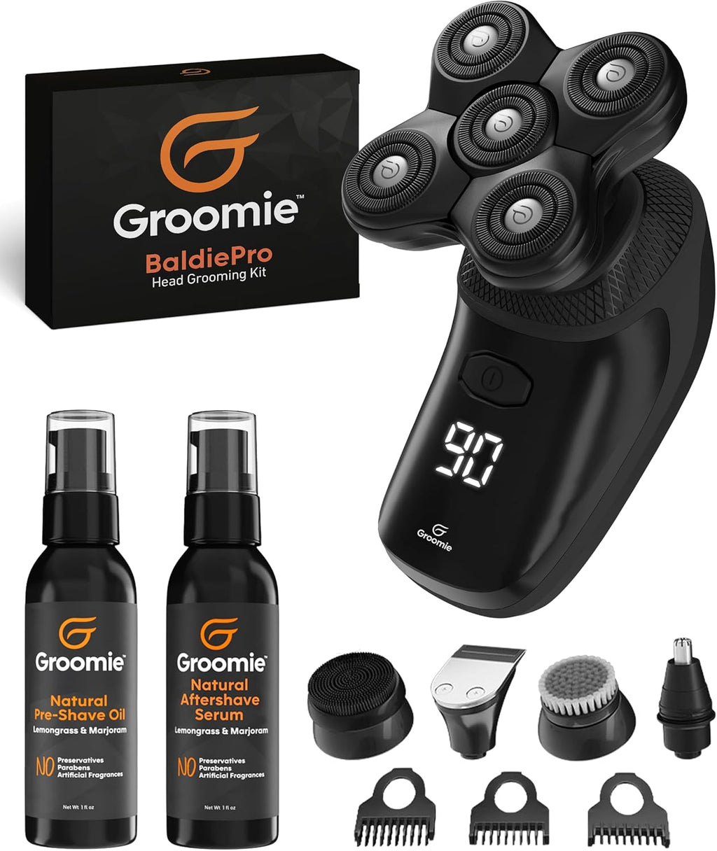 GROOMIE No Hair, Don't Care Bundle - 5D BaldiePro Electric Head Shavers for Bald Men, Natural Pre-Shave Oil to Promote Close Shave, & Natural Aftershave Serum - Mens Head Shaver Kit w/Electric Razor