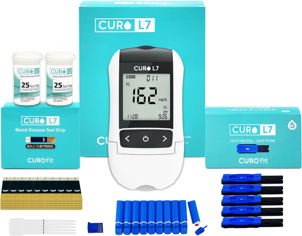 CURO L7 Portable Cholesterol & Glucose Testing Kit, Easy at-Home Use, Instant 6-in-1 Lipid Panel & Blood Sugar Results, Total, HDL, LDL, Triglycerides, Glucose