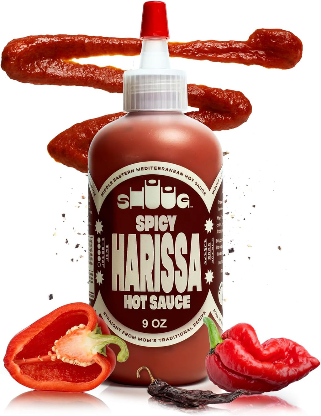 SHUUG Harissa Sauce (9oz) | Hot & Spicy Red Pepper Flavor | Middle Eastern Harissa Paste Sauce with Dried Chilis, Lemon & Garlic | Vegan, Non-GMO, Kosher | Flavor Cooking, Dipping & Marinades | 9oz