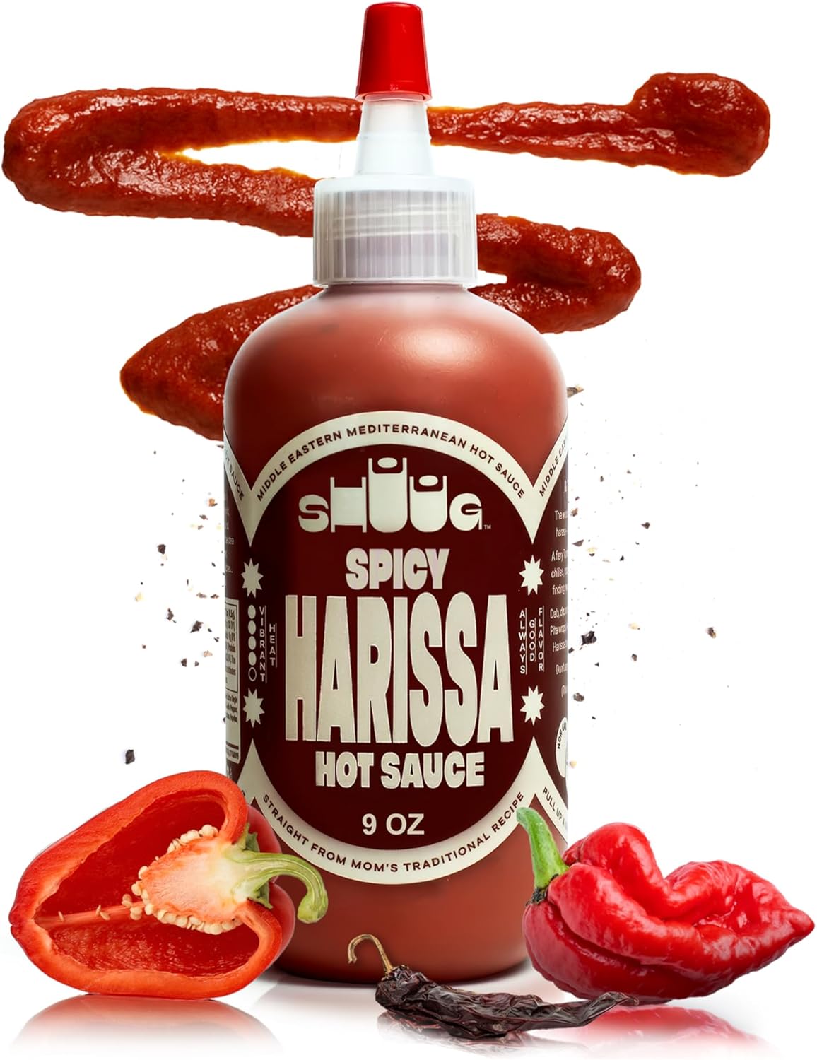 SHUUG Harissa Sauce (9oz) | Hot & Spicy Red Pepper Flavor | Middle Eastern Harissa Paste Sauce with Dried Chilis, Lemon & Garlic | Vegan, Non-GMO, Kosher | Flavor Cooking, Dipping & Marinades | 9oz