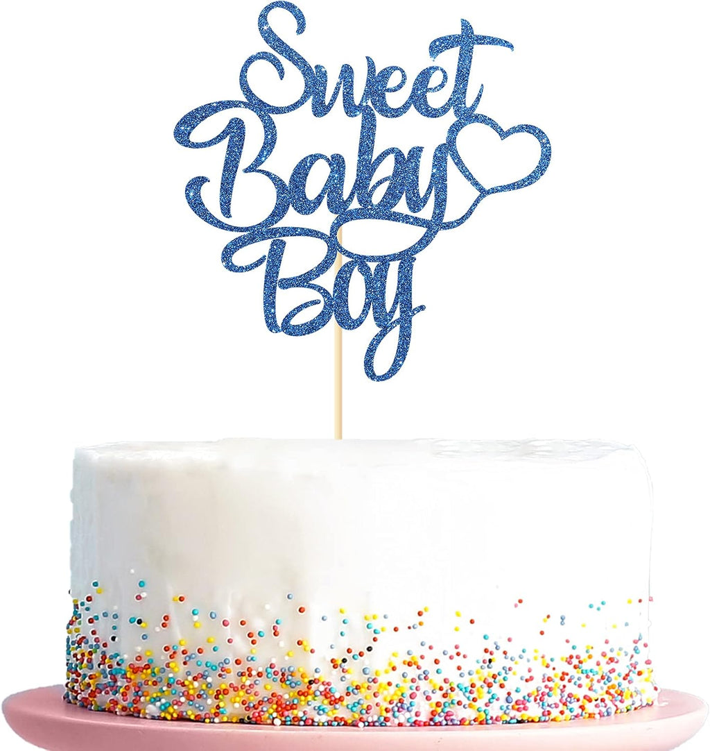 Sweet Baby Boy Cake Topper Baby Shower Newborn Gender Reveal Party Decoration It's a Boy Patry Supplies Blue Glitter