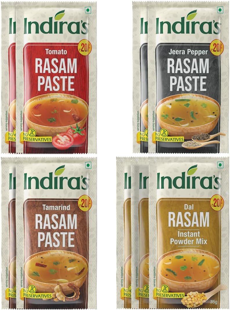 Indira's Instant Rasam Paste Combo Pack of 9 - Just Add Hot Water - 4 Tasty Flavours - Tomato Rasam, Pepper Rasam, Tamarind Rasam & Dal Rasam (35g x 3)