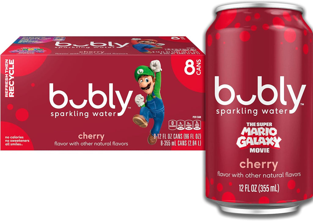 bubly Sparkling Water, The Super Mario Galaxy Movie Cherry, Zero Sugar & Zero Calories, 12 Fl Oz Cans (Pack of 8), Packaging May Vary