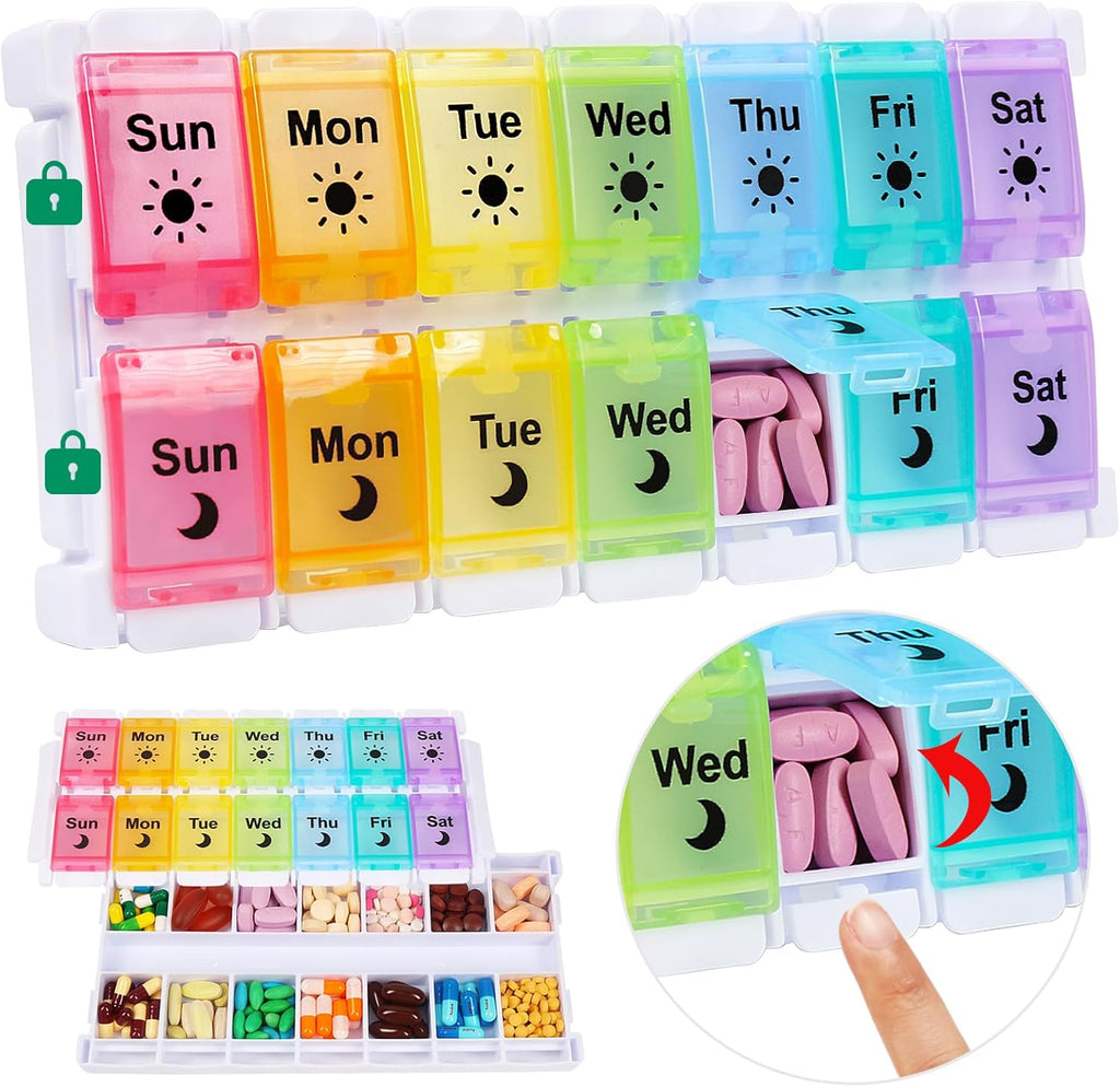 Shintop Am Pm Pill Organizer 7 Day, Push Button Weekly Pill Box 2 Times a Day Easy Fill Pill Holder Day Night Vitamin Case for Medications Fish Oil Supplements (Rainbow)