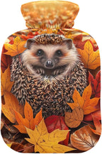 Autumn Leaves Hedgehog Hot Water Bottle with Velvet Cover Hot Water Bag for Hot and Cold Compress, 2 Liters