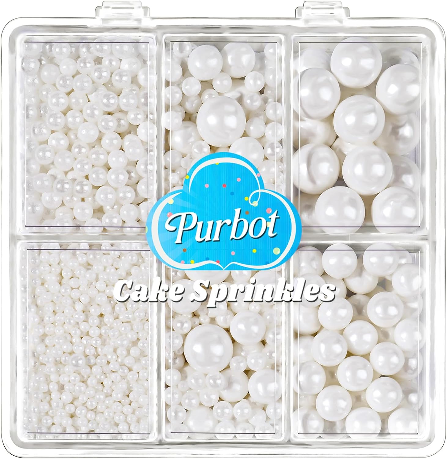 White Pearl Sprinkles for Cake Decorating, 4 Sizes Sugar 130g/4.6oz, Cupcake, Ice Cream, Donuts, Macaron Toppings Supplies (2mm, 4mm, 7mm, 1cm)