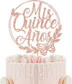 Mis Quince Anos Cake Topper, Feliz 15 Anos, 15th Birthday Cake Topper, Hello 15, Happy 15th Birthday Party Decorations (Rose Gold Glitter)