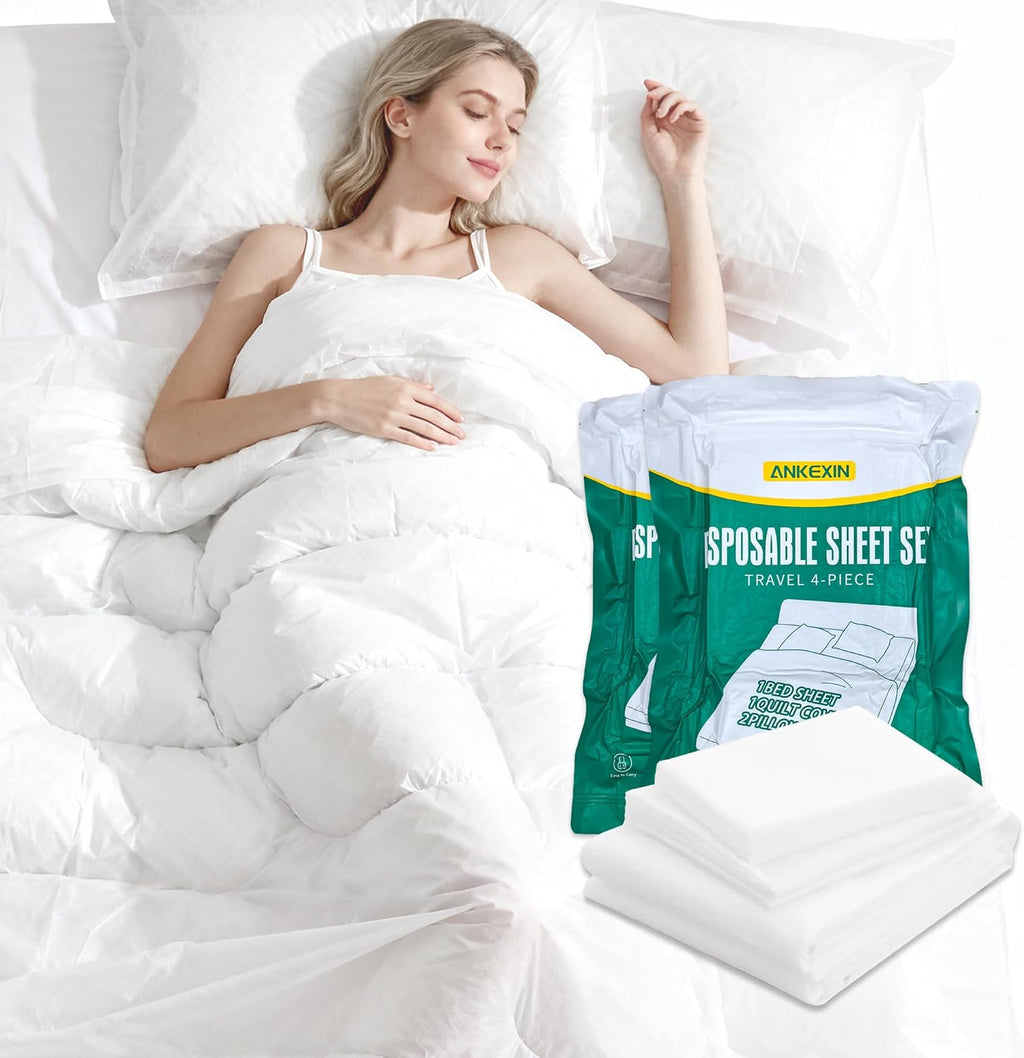 Disposable Bedding Set 2 Pack, Queen Size Portable Bed Sheets Set for Travel, Includes Flat Sheet, Duvet Cover and Pillowcases, Lightweight Disposable Bed Sheets for Hotel and Business Trips