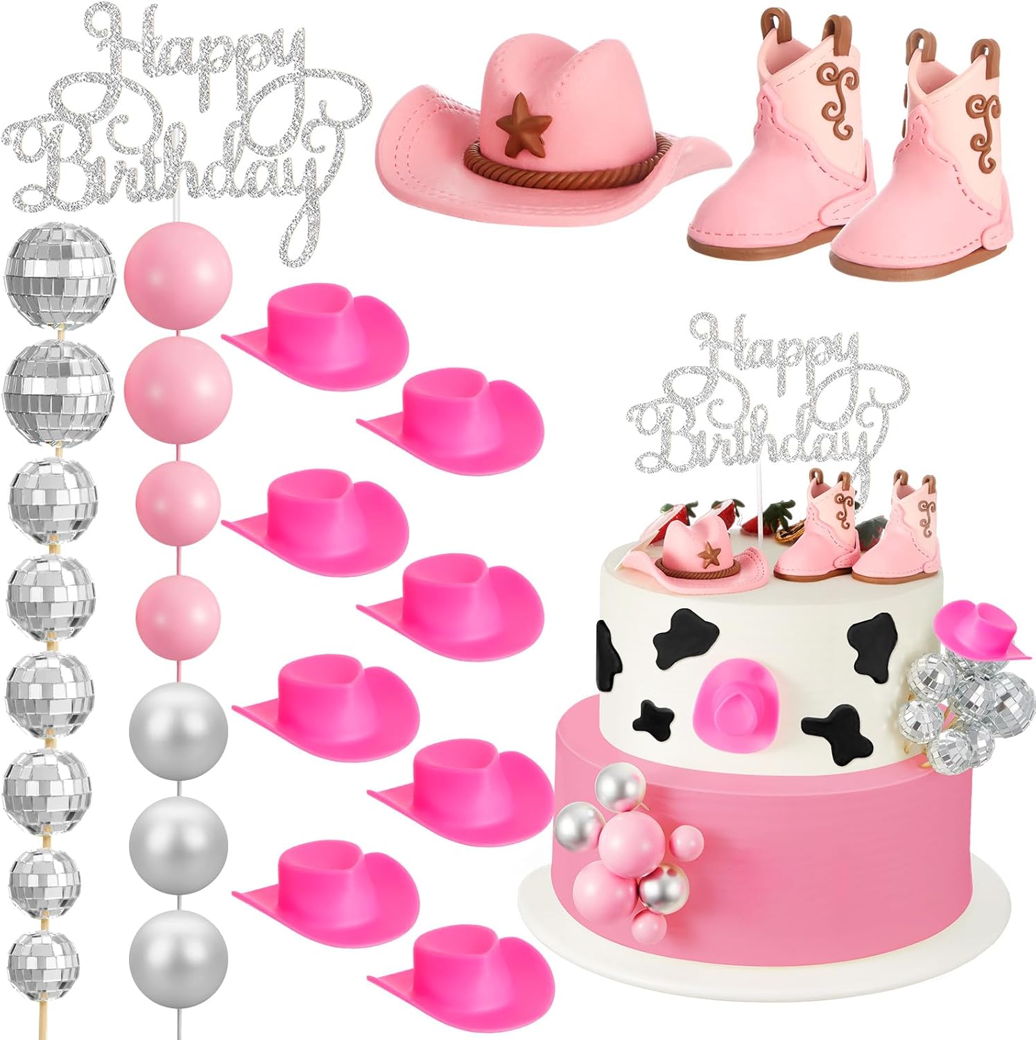 RoundFunny 26 Pcs Cowgirl Cake Decorations Cowgirl Cake Topper Disco Decorations Hat Topper Western Cowboy Birthday Baby Shower for Western Theme Party Supplies(Pink,Cute)