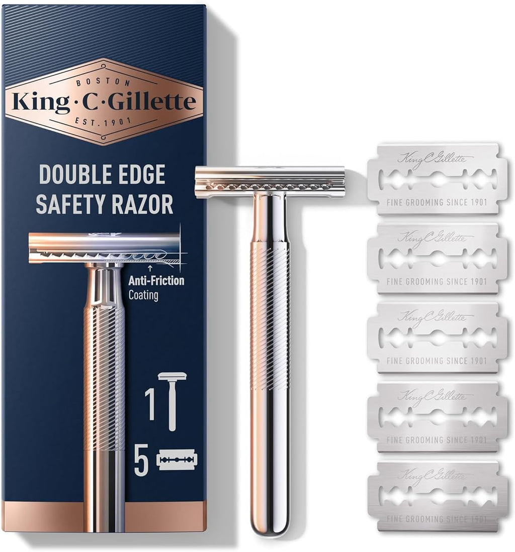 King C. Gillette Safety Razor with Chrome Plated Handle and 5 Platinum Coated Double Edge Safety Razor Blade Refills