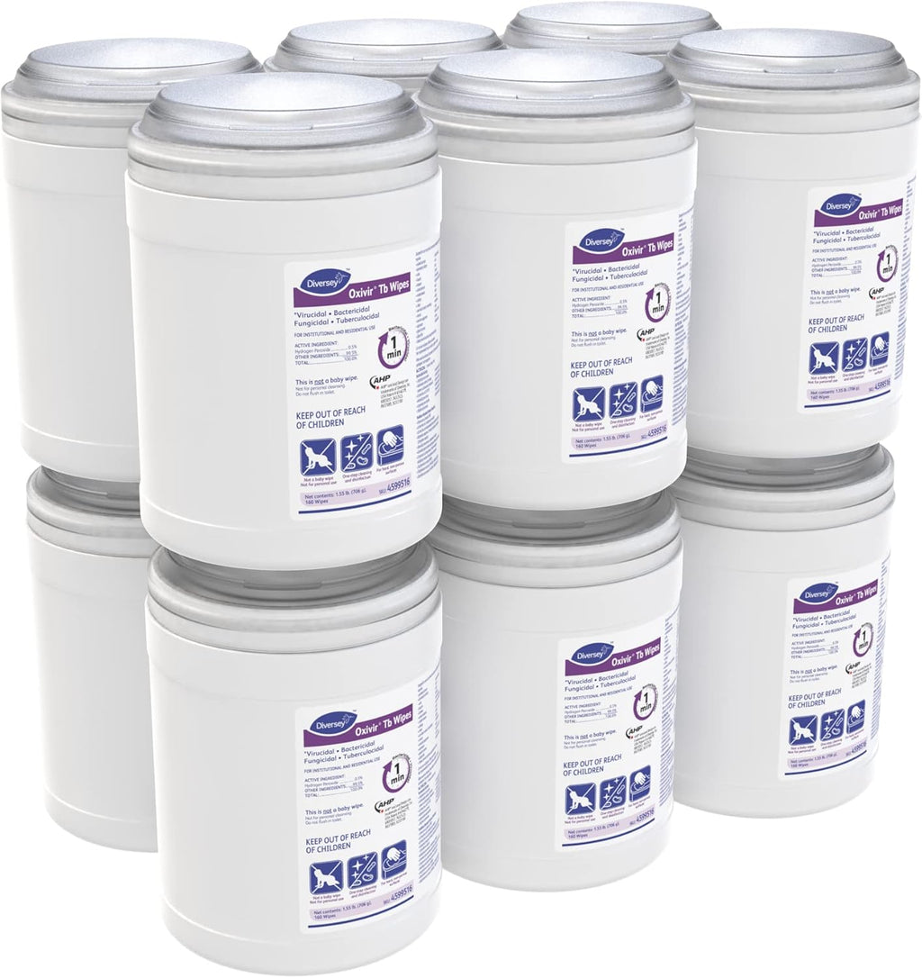 Oxivir Diversey Tb 4599516 Ready-to-Use Disinfectant Cleaning Wipes, Accelerated Hydrogen Peroxide, Unscented, Standard 6x7-Inch Sheets, 160-Wipes, 1-Canister (Pack of 12)