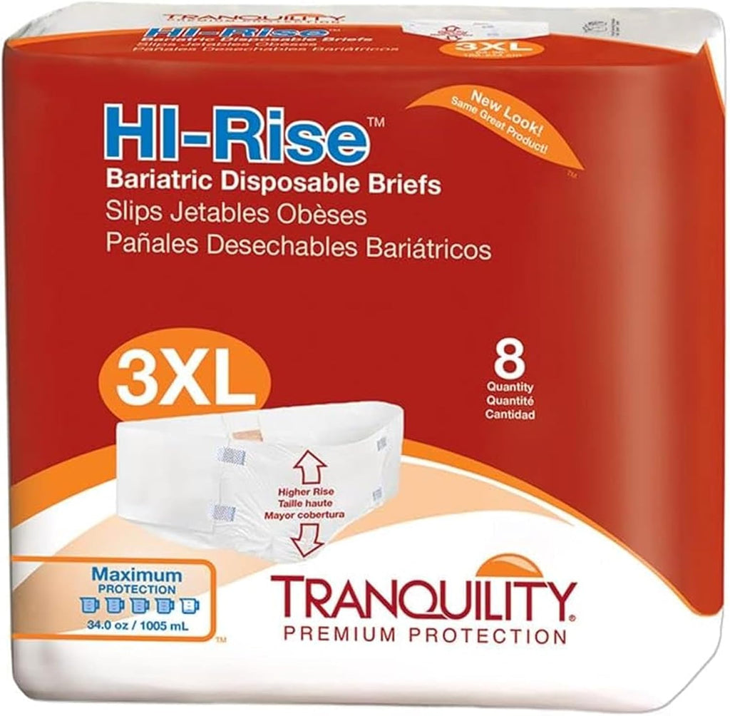 Tranquility Bariatric HI-Rise Disposable Briefs, 3X-Large, High Waistline with Peach Mat Core & Secure Kufguard Technology for Skin Integrity, Latex-Free, 34oz Capacity, 8ct Bag