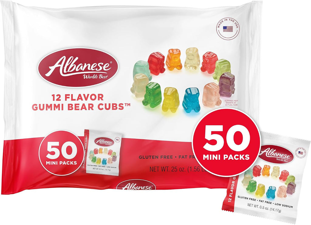 Albanese World's Best 12 Flavor Gummi Bear Cubs | 50-0.5oz Snack Packs of Candy | Miniature, Individually Wrapped, Soft Gummy |Cherry, Blue Raspberry, and More | Perfect for Kid's Classroom Parties