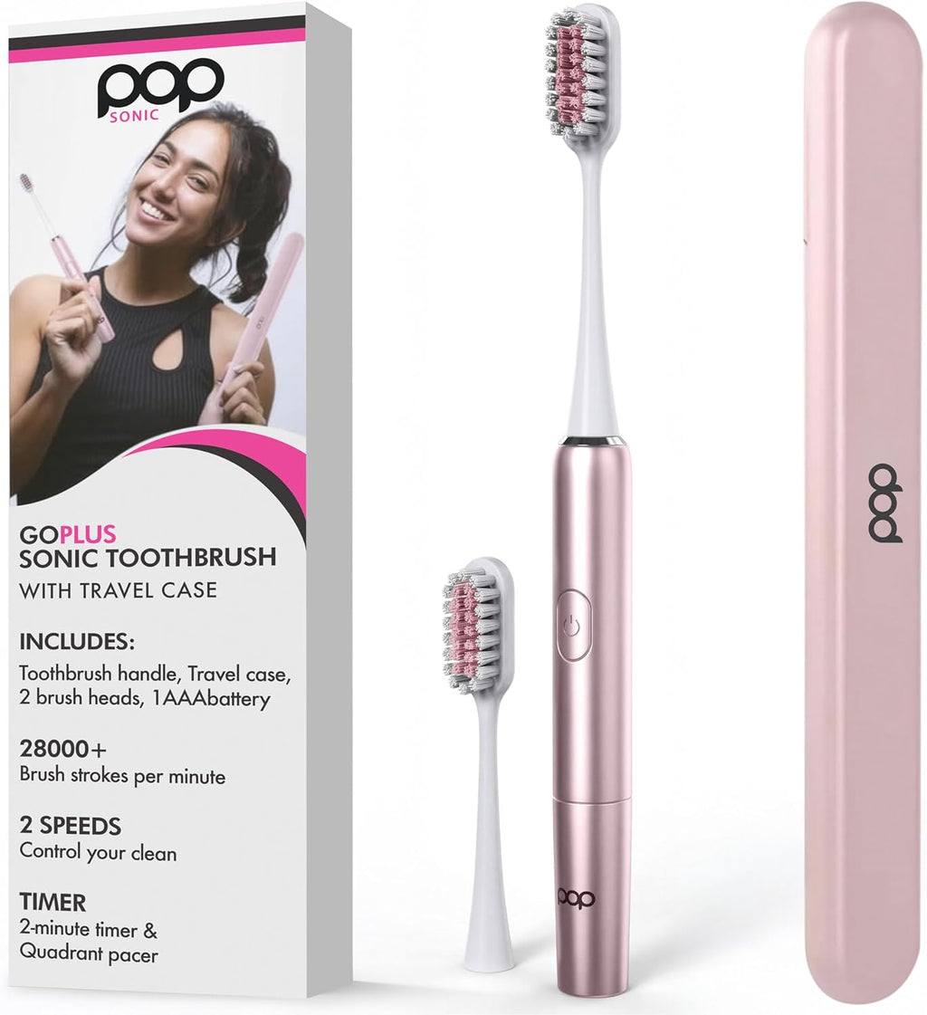 Pop Sonic Go Plus Travel Electric Toothbrush (Rose Gold) | 2 Speeds w/ 18000-24000 Vibrations Per Minute - The Ultimate Set | 8+ Colors to Choose from