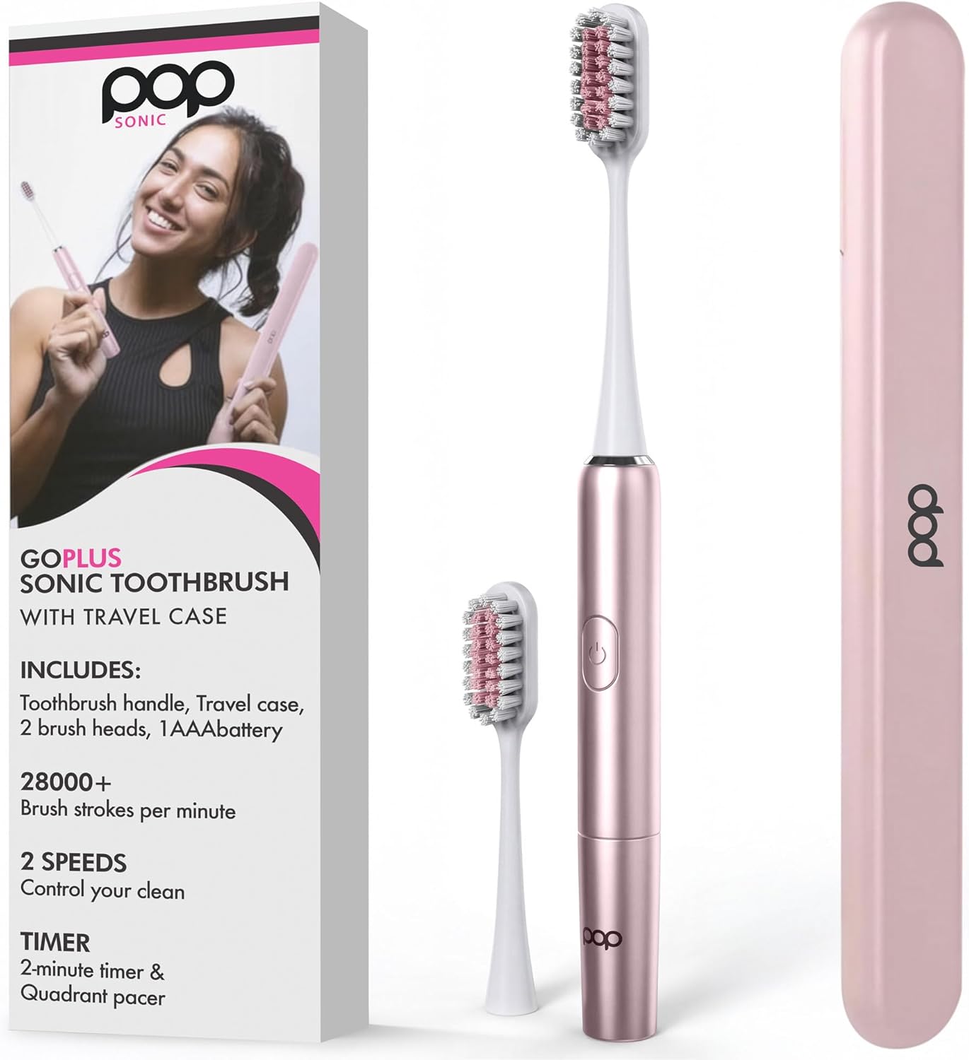 Pop Sonic Go Plus Travel Electric Toothbrush (Rose Gold) | 2 Speeds w/ 18000-24000 Vibrations Per Minute - The Ultimate Set | 8+ Colors to Choose from