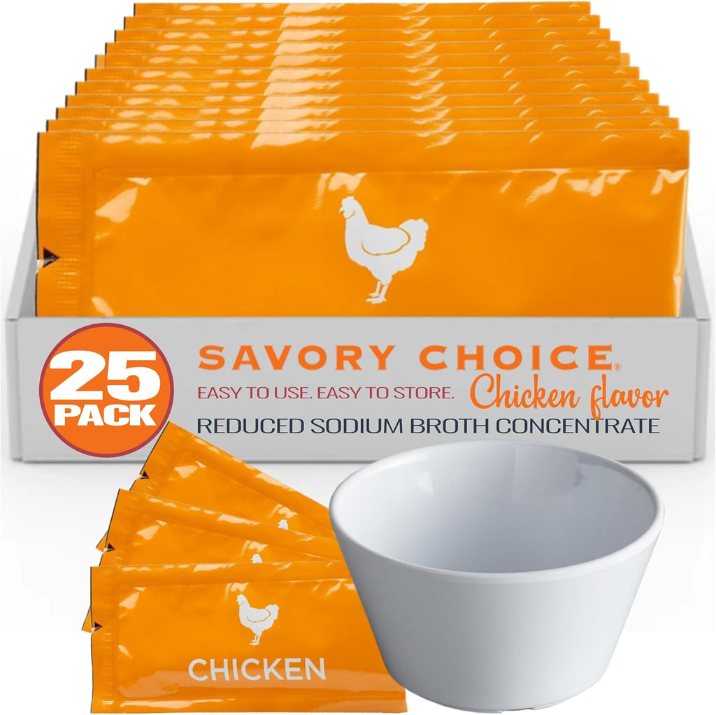 SAVORY CHOICE Reduced Sodium Chicken Broth Concentrate bundle with Bouillon Cup, 25 Packets (9.6g) - Gluten-Free, Diary-Free Broth Concentrate