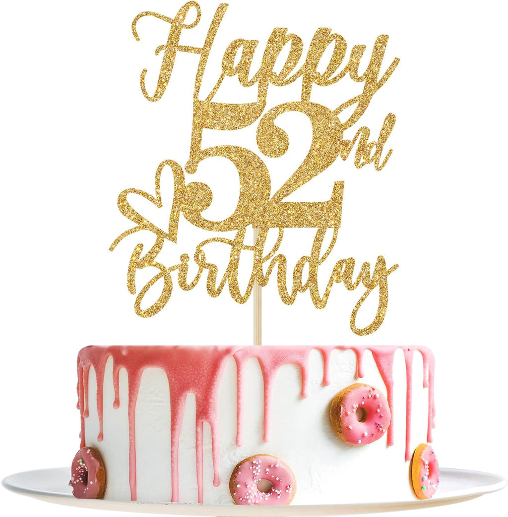 Happy 52nd Birthday Cake Topper, 52 Birthday Decorations for Women/Men, Cheers to 52 Years, Hello 52, 52nd Happy Birthday Party Supplies Gold Glitter