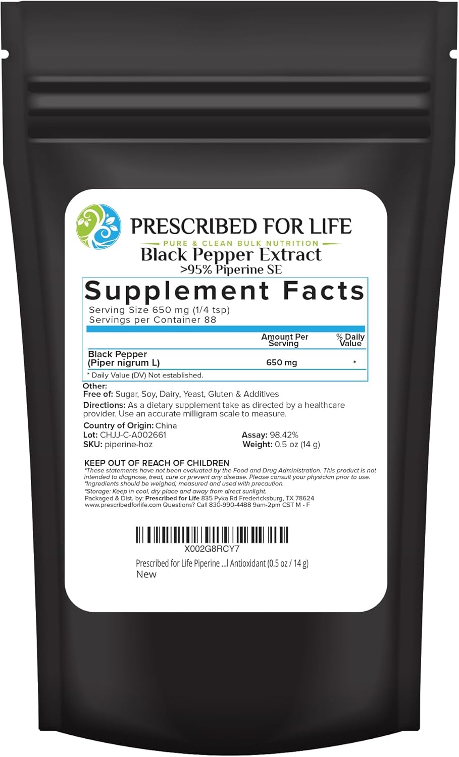 Prescribed For Life Piperine Powder, 95% Black Pepper Extract Powder, Gluten Free, Vegan, Non GMO, Natural Antioxidant (14g)